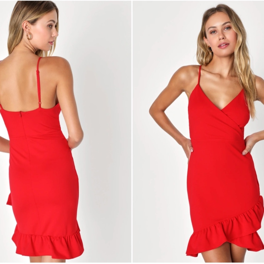 Lulu's Red Spaghetti-Strap Ruffle-Hem Mini Dress - Picture 3 of 5